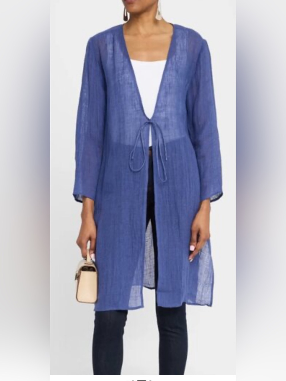Eileen Fisher Sheer oversized cozy 100% organic linen Blue Tie-Front cardigan XS